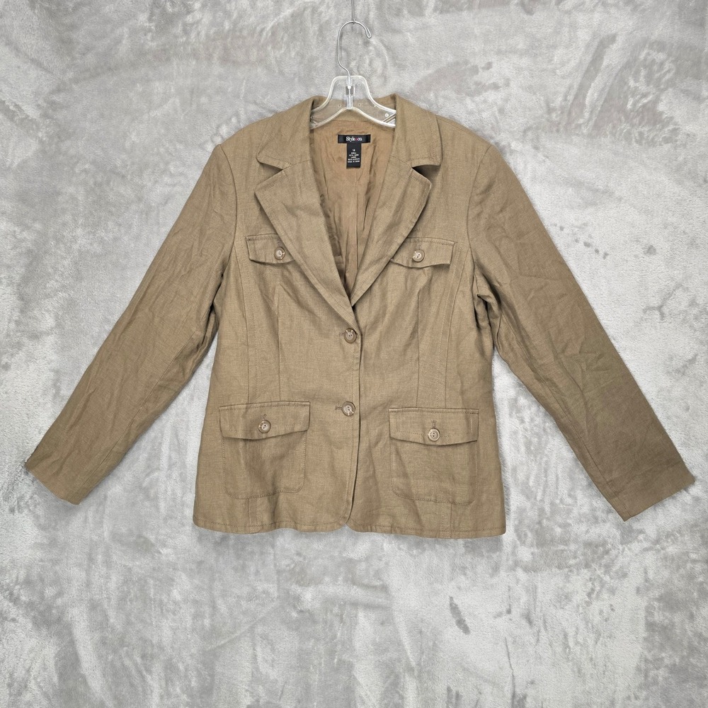 Style Co Blazer Women 14 Brown Linen Safari Utility Jacket Solid Pockets Earthy